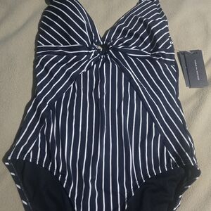 Tommy Hilfiger Navy and White Striped One-Piece Swimsuit